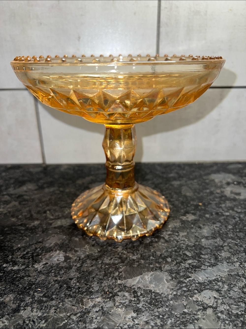 Jeanette Windsor Marigold Carnival Glass pedestal Glass Compote Dish. Exc cond